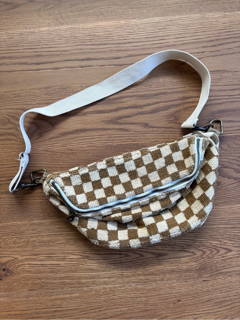 Jenna Bee Checkered Canvas Crossbody Bag in Cream and Brown